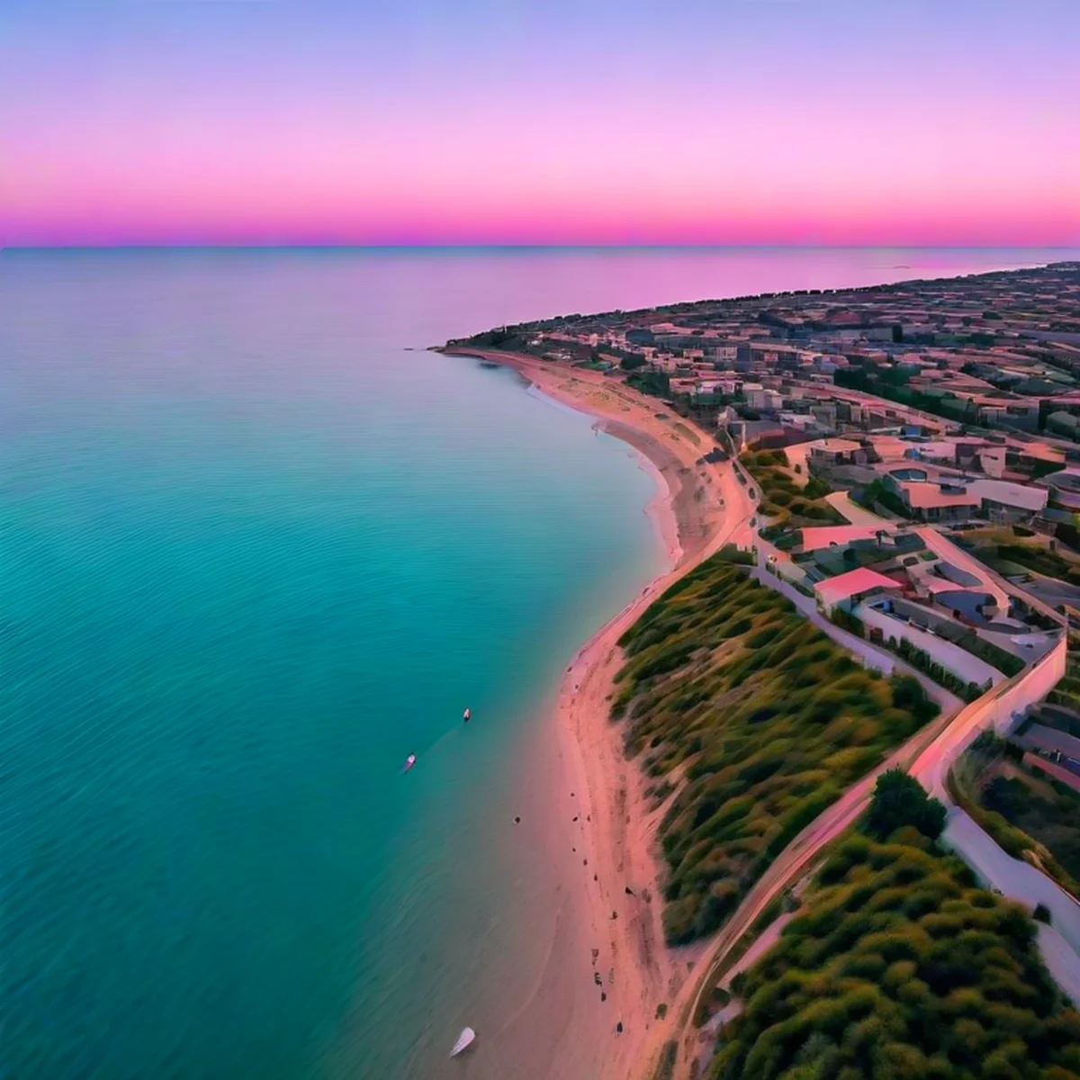 Veduta aerea di un paesaggio costiero al tramonto