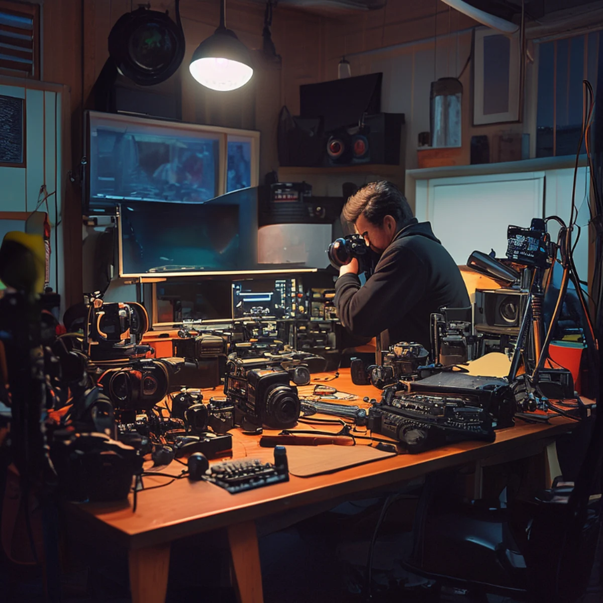 Professional photography equipment and lenses arranged on a desk