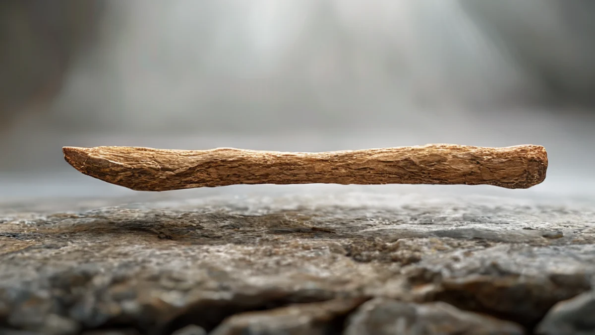 A long, brown canyon stick with rough texture, centered on stone surface under softbox light, shallow depth of field, photorealistic, sharp focus, high detail