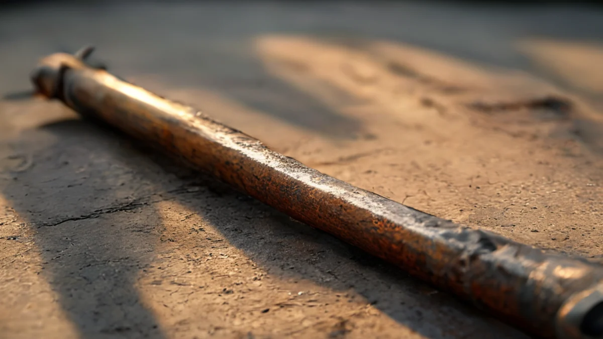 A long, thin steel stake with a sharp, rusted tip and a worn wooden handle, resting on a smooth concrete surface.