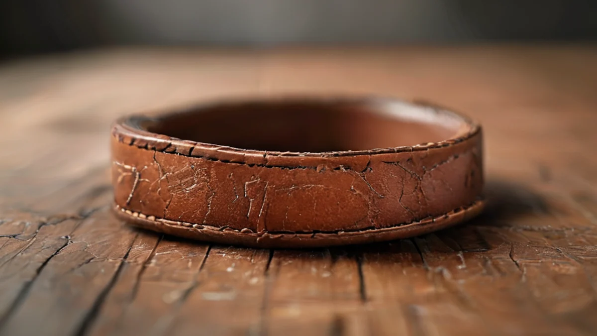 Un ceinture en cuir avec texture naturelle, couleur châtaigne, artisanale.