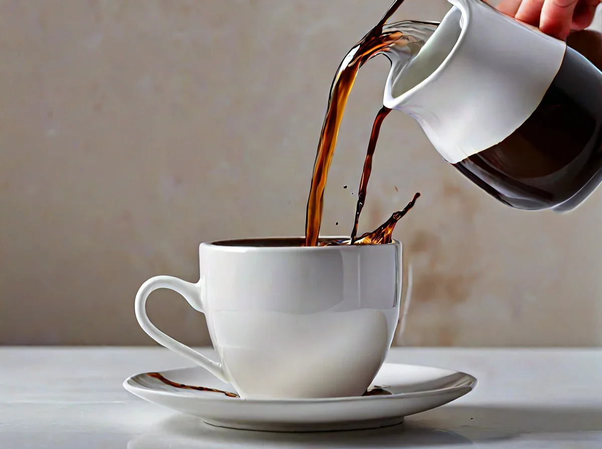 Caffè liquido scuro che viene versato da una caffettiera in una tazza di ceramica bianca