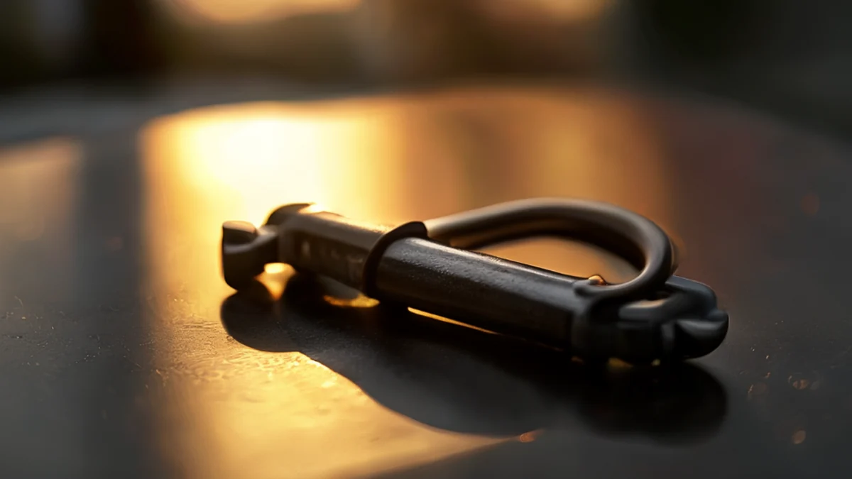 Een zwarte clamp met een rubberen grip, rustend op een matte zwarte tafel onder gouden urenlicht, zacht focus, fotorealistisch, scherp focus, hoge details