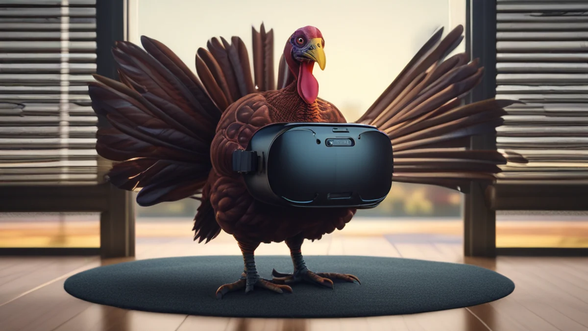 Een kip in een VR-hoofdset, glanzend zwart finish, cirkelvormige lenzen, op een gedempt zitje, warme licht, zacht focus, fotorealistisch, scherp focus, hoge details