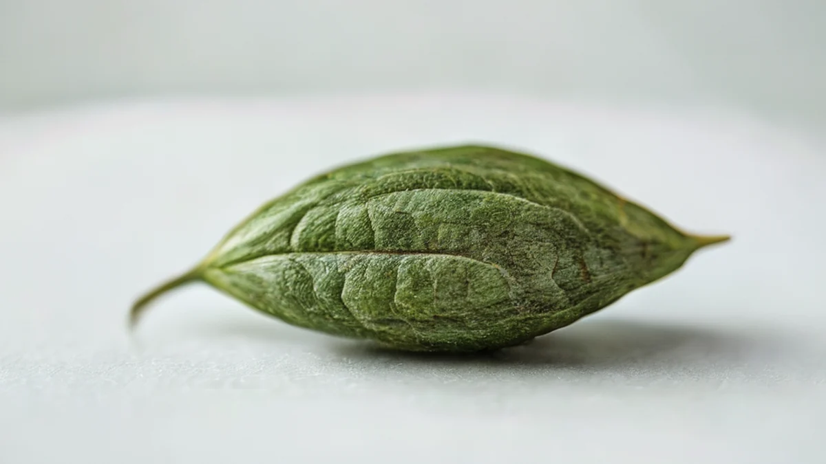 Una semente di sumac, verde scuro, superficie aspra, su un tavolo bianco, sotto un softbox, profondità di campo bassa, fotorealistica, dettagli alti