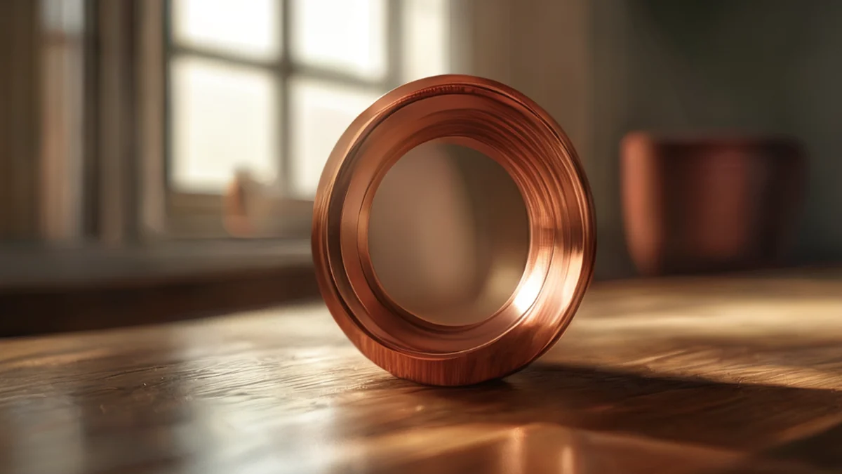 Copper lens, ronde vorm, centraal op een houten tafel, zachte vensterlicht, lage scherpte, fotorealistisch, scherp focus, hoge details