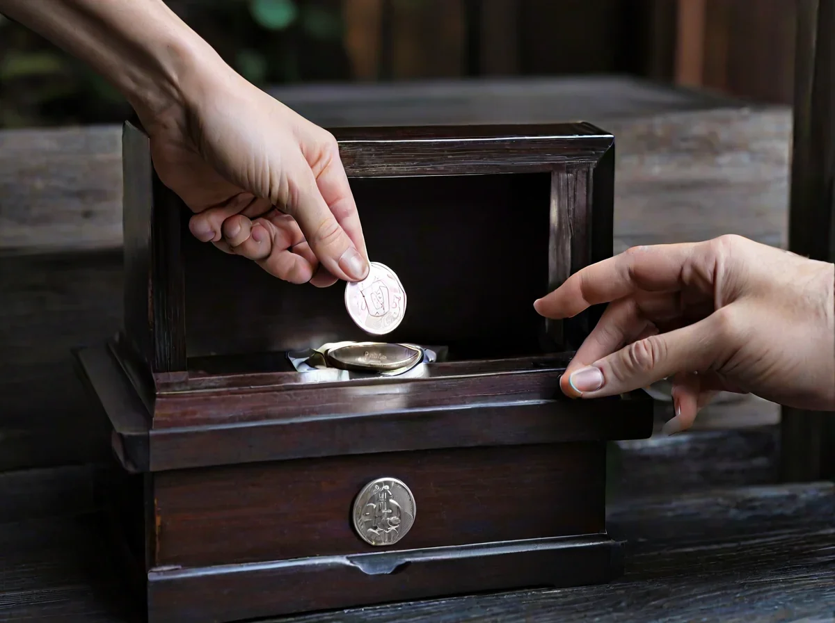 Een hand legt een gouden 100-yen-koen in een donkere houten oftpot van een tempel.