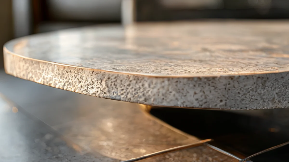 Mesa de cerâmica texturada, superfície áspera e bordas irregulares, base metálica, luz quente, lente 85mm, profundidade de campo baixa, detalhes fotorealistas