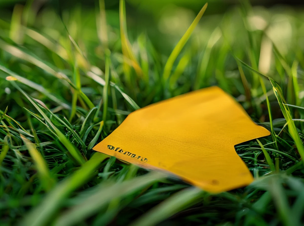 A yellow card lying on a grassy field.