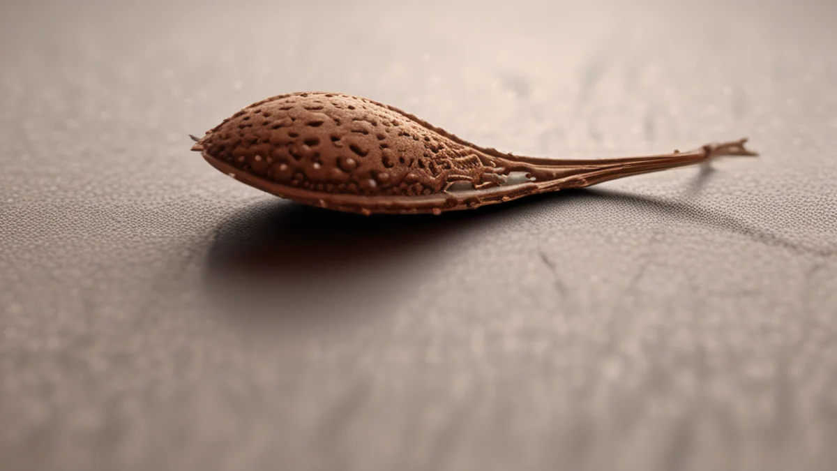 poda de semilla húmeda, color marrón oscuro, superficie pegajosa, reposando sobre una semilla polvorienta, studio limpio con softbox, profundidad de campo suave, foto realista, enfoque nítido, detalles altos