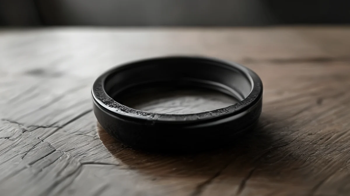 Una única lente, rota, centrada, negra, oval, texturada, sobre una mesa de madera simple, bajo luz de día nublado, profundidad de campo suave, realista, enfoque nítido