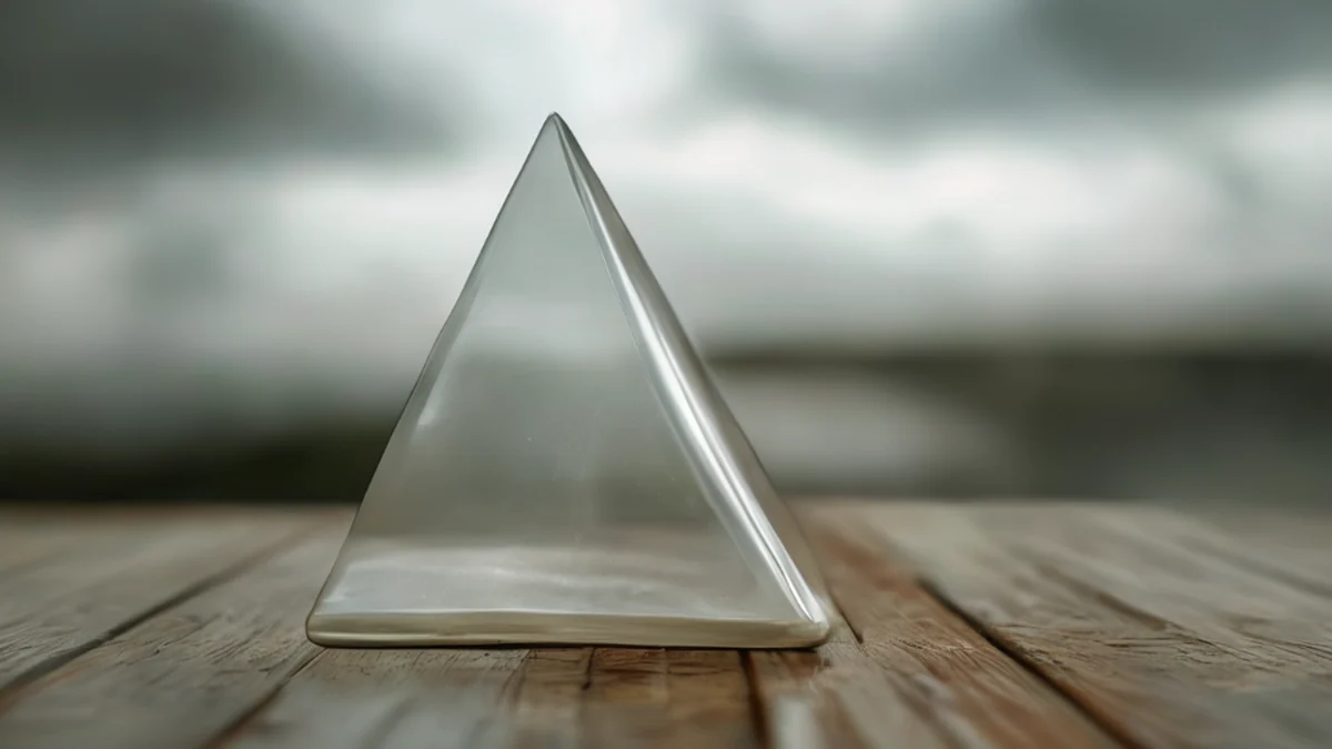 Un wedge ceramico traslucido, acuto e punteggiato, su un tavolo in legno sotto un cielo grigio, campo di profondità sottile, fotorealistico, focus acuto, dettagli elevati